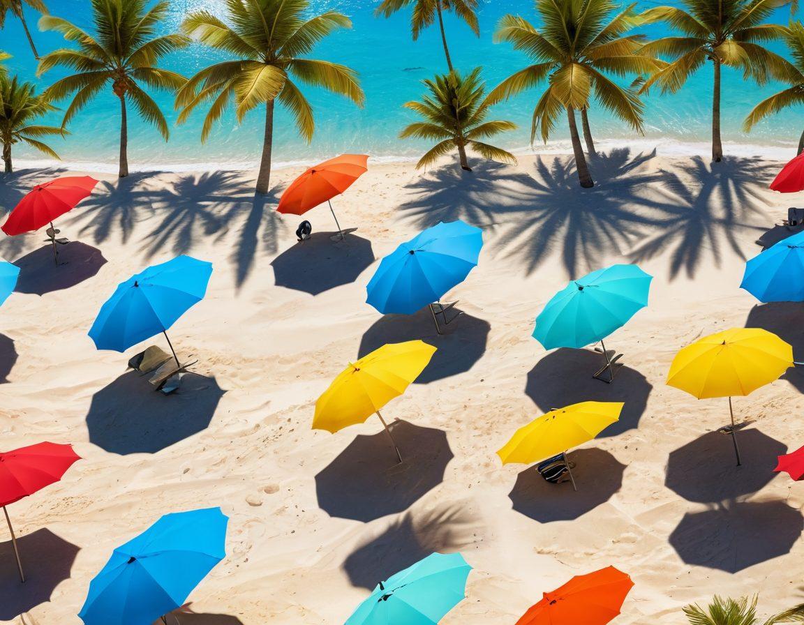 A vibrant beach scene filled with diverse individuals showcasing a variety of trendy bikini styles, sun hats, and sunglasses. Include an azure ocean in the background with colorful beach umbrellas and surfboards, while palm trees sway in the gentle breeze. Bright sunlight casts playful shadows on the sandy beach, creating a warm, inviting atmosphere. Add hints of tropical flowers and a clear blue sky to enhance the summer feel. super-realistic. vibrant colors. 3D.