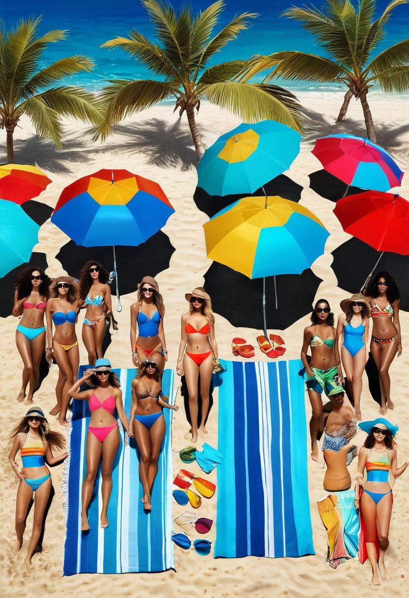 A vibrant beach scene featuring a diverse group of fashionable individuals showcasing trendy swimwear and beach attire for 2023. Include colorful umbrellas, beach towels, and stylish sunglasses, with golden sand and bright blue waves in the background. The atmosphere should feel lively and summery, highlighting unique accessory combinations. super-realistic. vibrant colors. tropical setting.